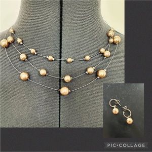 VINTAGE 1990s SIGNED KALAN DESIGNER CHAMPAGNE FAUX PEARL NECKLACE EARRINGS SET